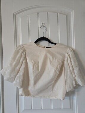 Fab'rik Puff-Sleeve Cream Blouse with Textured Lace Sleeves